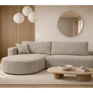 Hoekbank met slaapfunctie en opbergruimte, corduroy stof Poso, Donkerbeige, Links, ROUND ONE OPEN XL
