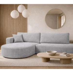 Hoekbank met slaapfunctie en opbergruimte, corduroy stof Poso, Lichtgrijs, Links, ROUND ONE OPEN XL Hoekbank met slaapfunctie en opbergruimte, corduroy stof Poso, Lichtgrijs, Links, ROUND ONE OPEN XL