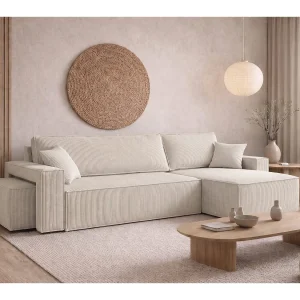 Hoekbank met slaapfunctie en poef, koordstof Poso, Beige, Rechts, BEST L met poef Hoekbank met slaapfunctie en poef, koordstof Poso, Beige, Rechts, BEST L met poef
