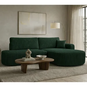 Hoekbank met slaapfunctie en opbergruimte, corduroy stof Tilia, Groen, Rechts, ROUND ONE OPEN XL