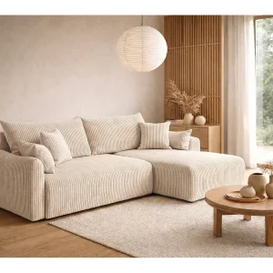 Hoekbank met slaapfunctie, koordstof Poso, Beige, Rechts, JAPANDI Hoekbank met slaapfunctie, koordstof Poso, Beige, Rechts, JAPANDI