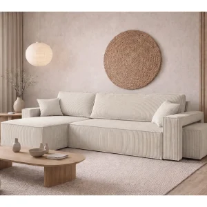 Hoekbank met slaapfunctie en poef, koordstof Poso, Beige, Links, BEST L met poef Hoekbank met slaapfunctie en poef, koordstof Poso, Beige, Links, BEST L met poef