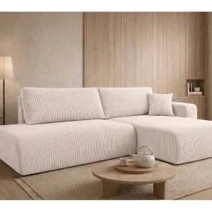 Hoekbank met slaapfunctie en opbergruimte, koordstof Poso, Beige, Rechts, OPEN XL