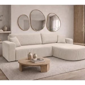 Hoekbank met slaapfunctie, koordstof Poso, Beige, Rechts, ROUND ONE XL Hoekbank met slaapfunctie, koordstof Poso, Beige, Rechts, ROUND ONE XL