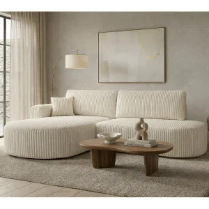 Hoekbank met slaapfunctie en opbergruimte, corduroy stof Tilia, Ecru, Links, ROUND ONE OPEN XL