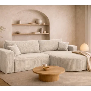 Hoekbank met slaapfunctie, koordstof Poso, Beige, Rechts, ROUND ONE Hoekbank met slaapfunctie, koordstof Poso, Beige, Rechts, ROUND ONE