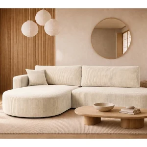 Hoekbank met slaapfunctie en opbergruimte, corduroy stof Poso, Beige, Links, ROUND ONE OPEN XL