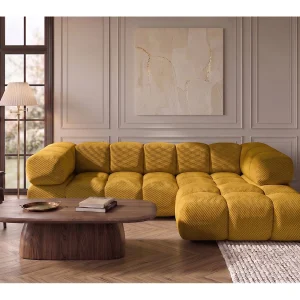 Hoekbank L-vorm, gestructureerde premiumstof Sonic, Mosterdkleur, Rechts, Averro