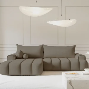 Hoekbank – in donkerbeige fluweel met stoffering – linkerzijde – DANDELINO Hoekbank – in donkerbeige fluweel met stoffering – linkerzijde – DANDELINO
