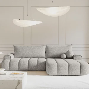 Hoekbank – in lichtgrijs bouclé met stoffering – rechterzijde – DANDELINO Hoekbank – in lichtgrijs bouclé met stoffering – rechterzijde – DANDELINO
