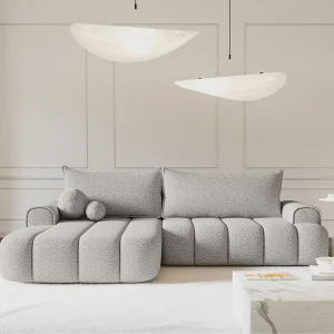 Hoekbank – in lichtgrijs bouclé met stoffering – linkerzijde – DANDELINO Hoekbank – in lichtgrijs bouclé met stoffering – linkerzijde – DANDELINO