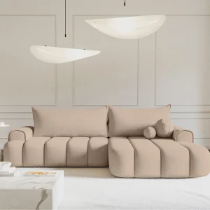 Hoekbank – in beige fluweel met stoffering – rechterzijde – DANDELINO Hoekbank – in beige fluweel met stoffering – rechterzijde – DANDELINO