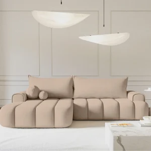 Hoekbank – in beige fluweel met stoffering – linkerzijde – DANDELINO