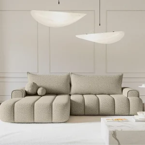Hoekbank – in lichtbeige bouclé met stoffering – linkerzijde – DANDELINO Hoekbank – in lichtbeige bouclé met stoffering – linkerzijde – DANDELINO