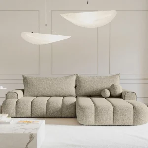 Hoekbank – in lichtbeige bouclé met stoffering – rechterzijde – DANDELINO Hoekbank – in lichtbeige bouclé met stoffering – rechterzijde – DANDELINO