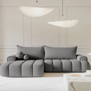Hoekbank – in grijze bouclé met stoffering – linkerzijde – DANDELINO Hoekbank – in grijze bouclé met stoffering – linkerzijde – DANDELINO