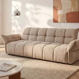 3-zits klikklak slaapbank van beige chenille stof HAKEMO 3-zits klikklak slaapbank van beige chenille stof HAKEMO