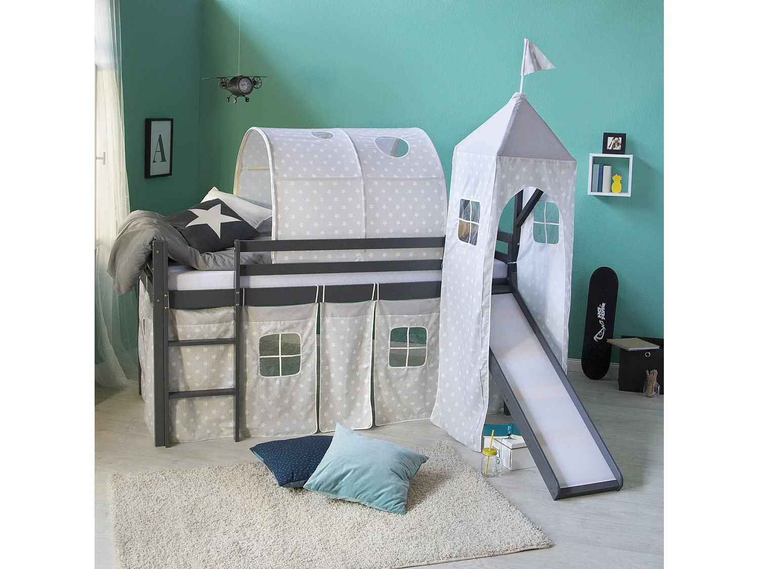 Halfhoogslaper 90x200 cm grijs Latten toren stapelbed