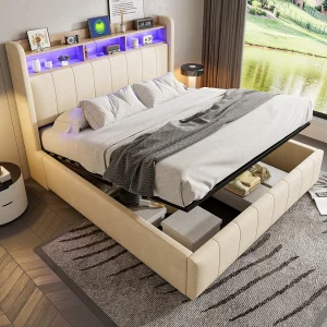 Gestoffeerd bed 160×200 cm met LED-verlichting en USB-aansluiting, hoofdeinde met planken en opbergruimte, hydraulisch Gestoffeerd bed 160×200 cm met LED-verlichting en USB-aansluiting, hoofdeinde met planken en opbergruimte, hydraulisch