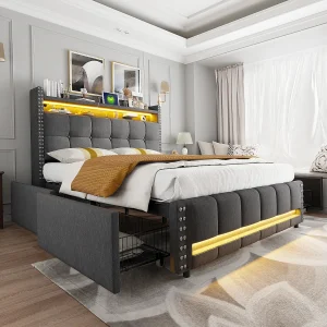 Gestoffeerd bed 160×200 cm met LED-verlichting en USB-aansluiting, hoofdeinde met planken en opbergruimte Gestoffeerd bed 160×200 cm met LED-verlichting en USB-aansluiting, hoofdeinde met planken en opbergruimte