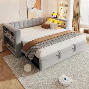Gestoffeerde slaapbank – 90/180 x 190 cm – met LED's + stopcontact + uitschuifbed + plank – Flanel – lichtgrijs Gestoffeerde slaapbank – 90/180 x 190 cm – met LED's + stopcontact + uitschuifbed + plank – Flanel – lichtgrijs