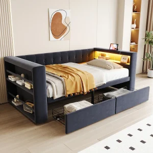 Gestoffeerde slaapbank – 90 x 190 cm – met LED's + stopcontact + 2 lades + plank – Flanel – donkergrijs Gestoffeerde slaapbank – 90 x 190 cm – met LED's + stopcontact + 2 lades + plank – Flanel – donkergrijs