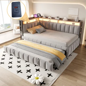 Gestoffeerde slaapbank – 90 x 200 cm – met uitschuifbed 90 x 200 cm + LED's + plank + USB en Type-C – fluweel – lichtgrijs Gestoffeerde slaapbank – 90 x 200 cm – met uitschuifbed 90 x 200 cm + LED's + plank + USB en Type-C – fluweel – lichtgrijs