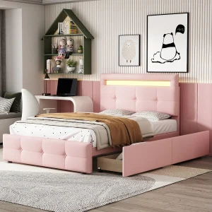 Gestoffeerd bed 90×200 cm met LED, 2 lades, linnen fluweel roze, multifunctioneel kinderbed, praktisch