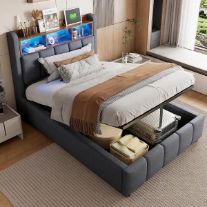 Gestoffeerd bed 90×200 cm met LED-verlichting en USB-aansluiting, hoofdeinde met opbergruimte en opslag