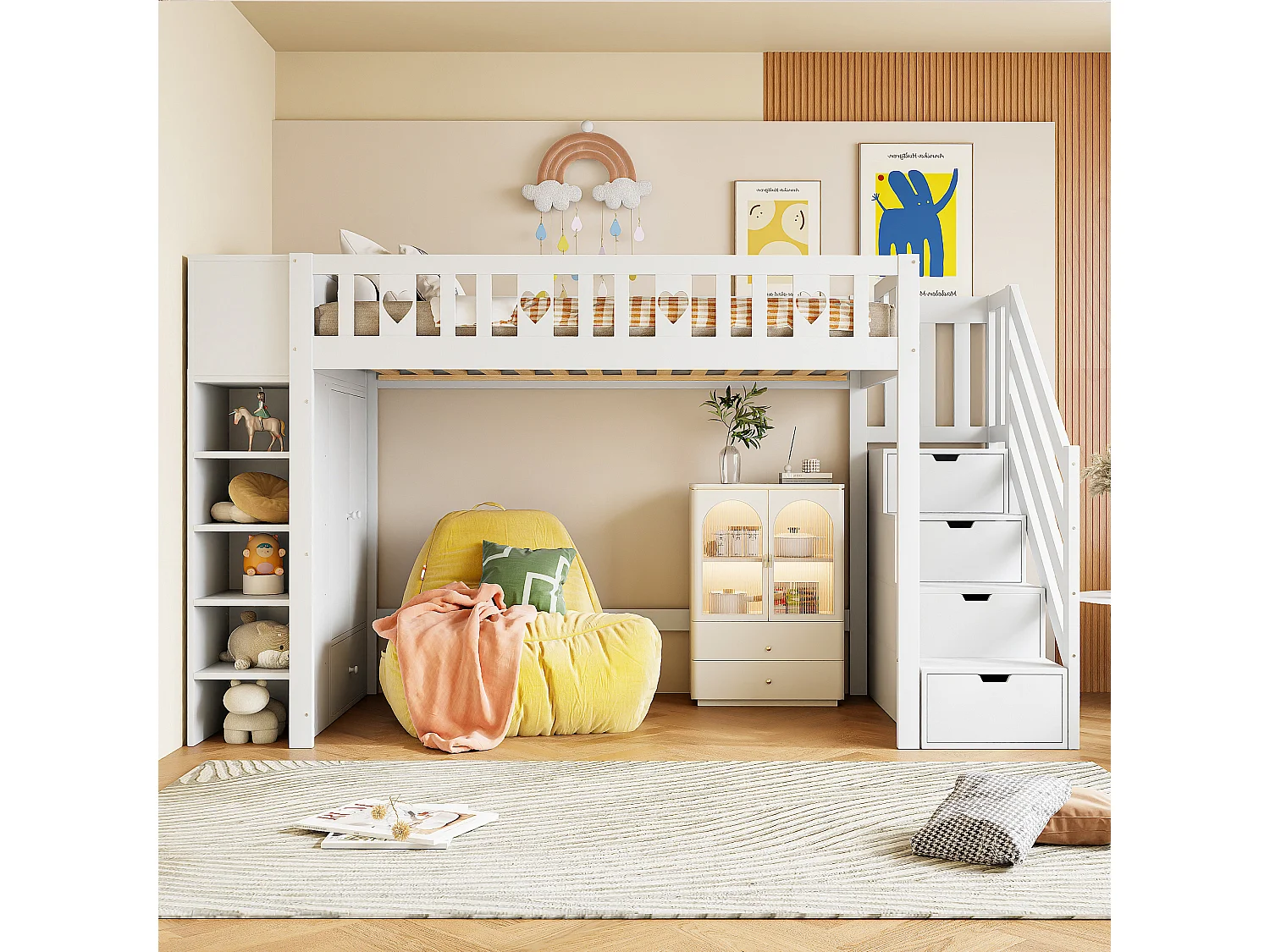 Halfhoog bed 90x200 cm in wit hout, met planken, opbergladder, inklapbare kast en leuning in hartvorm