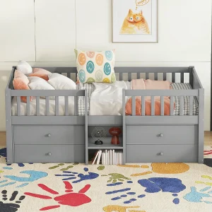 Halfhoog bed 90×200 cm grijs in grenen, met 4 laden, leuning, ladder en opbergruimte, eenvoudig en praktisch Halfhoog bed 90×200 cm grijs in grenen, met 4 laden, leuning, ladder en opbergruimte, eenvoudig en praktisch