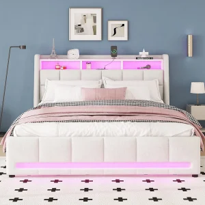 Gestoffeerd bed 140×200 cm beige in linnen, met afstandsbedienings-LED, laden, USB-poort en grote opbergruimte