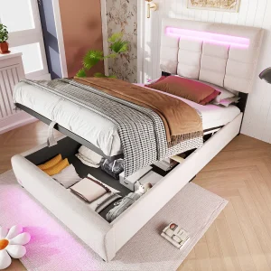 Gestoffeerd bed 90×200 cm in beige linnen met LED, APP-afstandsbediening, USB-poort en hydraulische opbergruimte