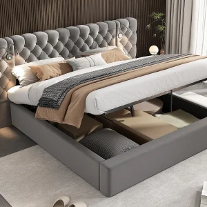 Gestoffeerd opbergbed 180×200 cm in fluweel – met leeslamp en lattenbodem – Grijs Gestoffeerd opbergbed 180×200 cm in fluweel – met leeslamp en lattenbodem – Grijs