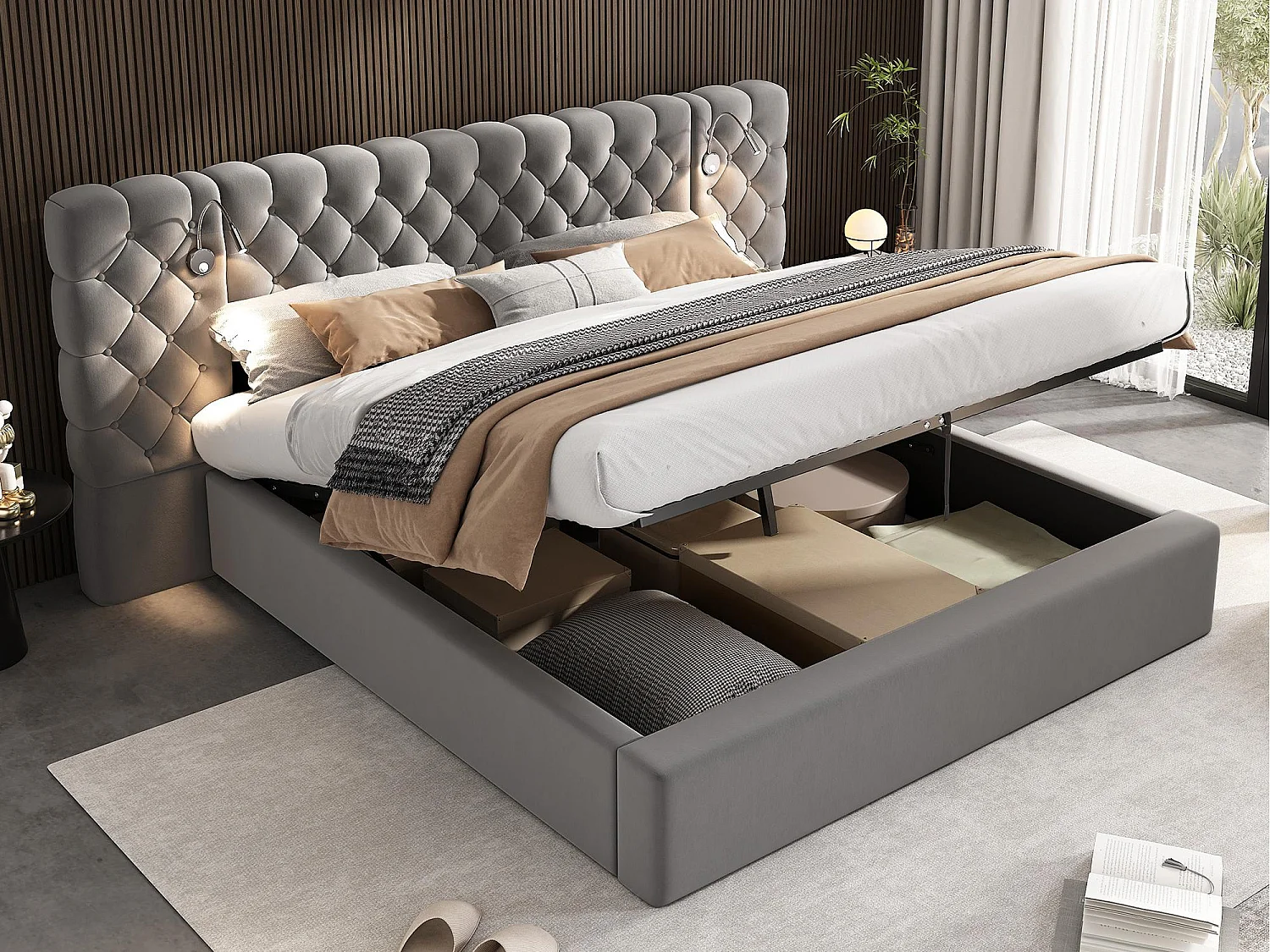 Gestoffeerd opbergbed 180x200 cm in fluweel - met leeslamp en lattenbodem - Grijs