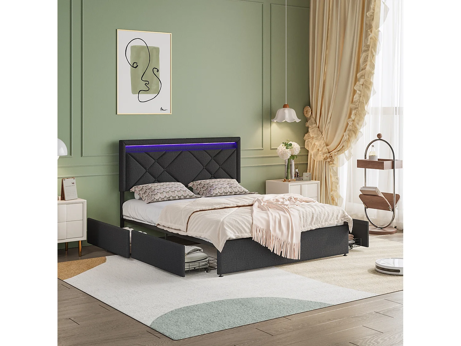 Gestoffeerd bed Tweepersoonsbed 160x200cm met 4 lades met LED en USB
