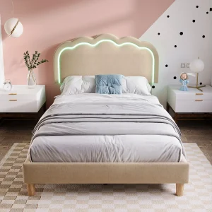 Gestoffeerd bed 90×200 cm van linnen in beige met LED-hoofdbord en verstelbaar hoofdeinde