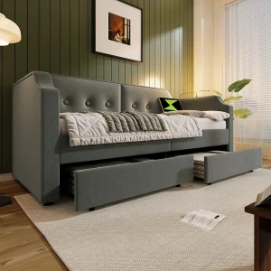 Gestoffeerd bed 90×200 cm van fluweel, grijs, met 2 opberglades, leeslamp en USB/Type-C
