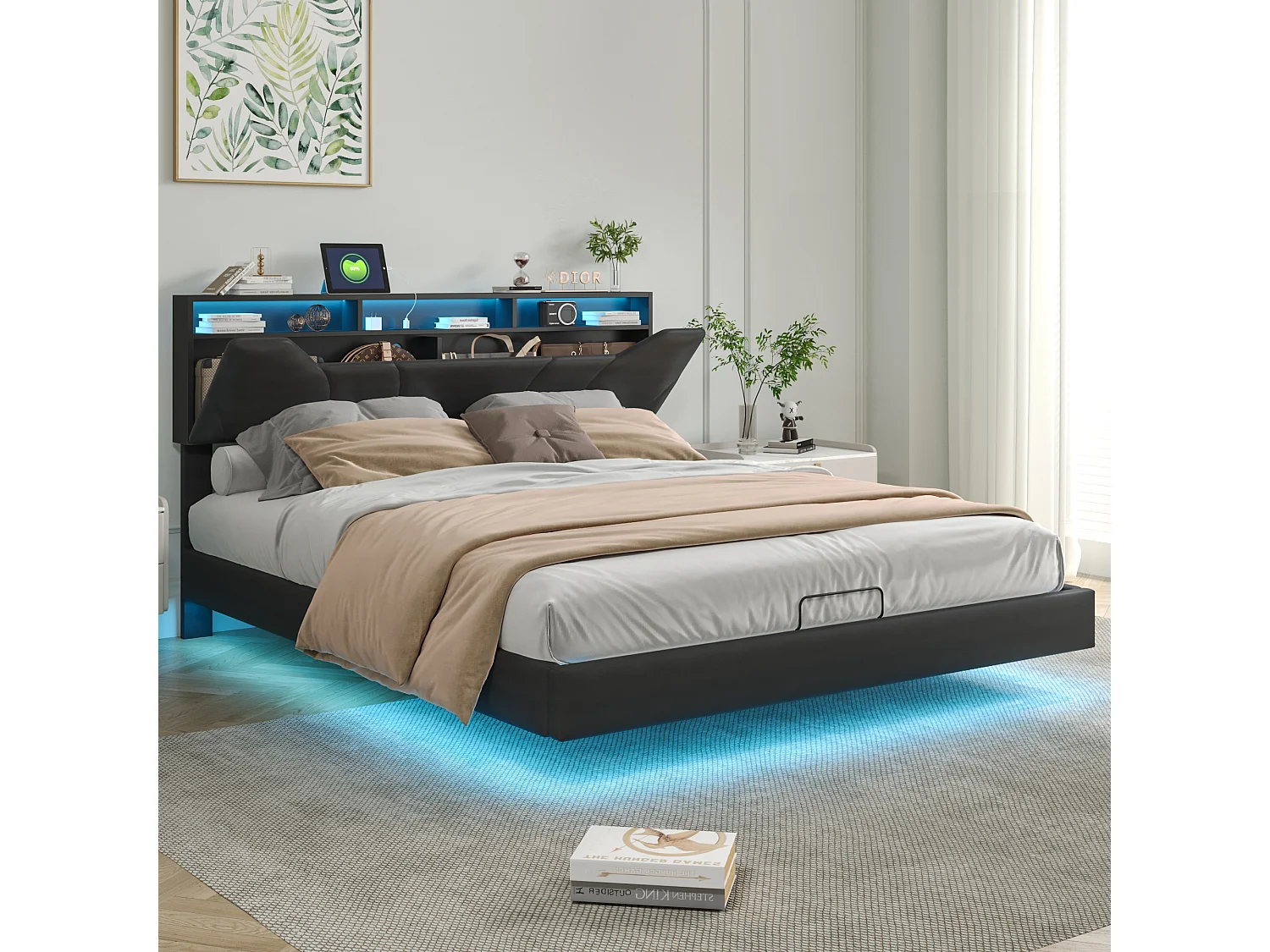 Gestoffeerd tweepersoonsbed 140x200cm - met USB en LED-verlichting - Bedframe met opberghoofdeinde en opbergvak voor bed, in PU - Grijs