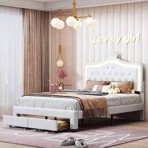 Gestoffeerd bed 140 x 200 cm met 2 lades en LED-verlichting – kroonpatroon – lattenbodem – wit Gestoffeerd bed 140 x 200 cm met 2 lades en LED-verlichting – kroonpatroon – lattenbodem – wit