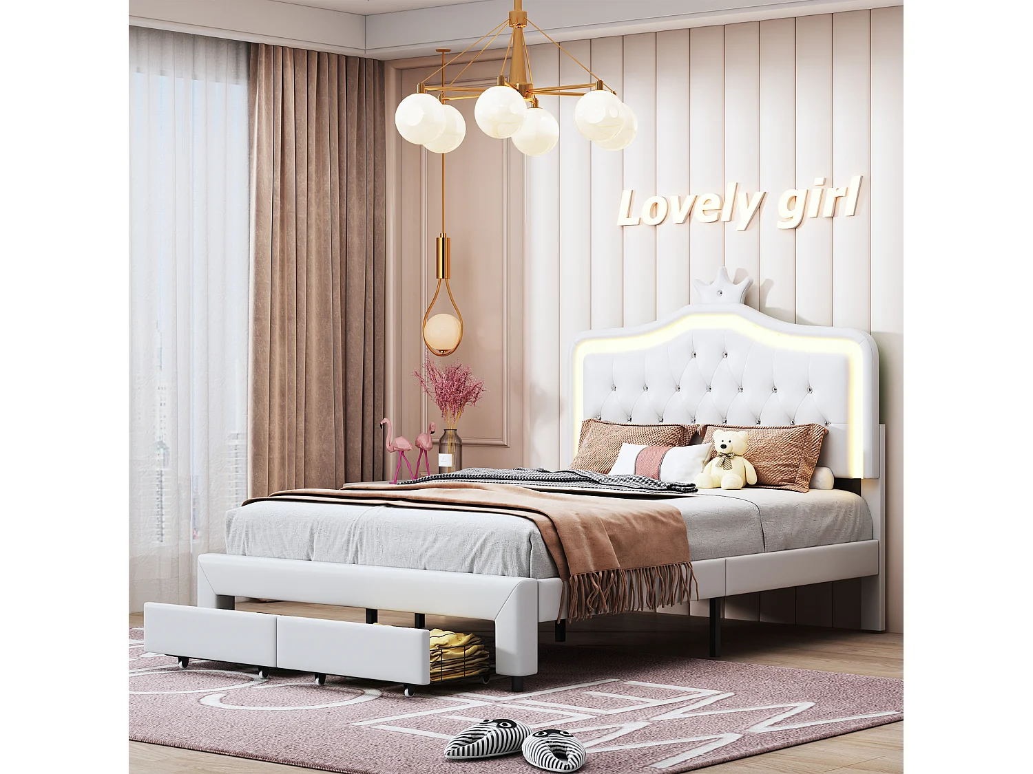 Gestoffeerd bed 140 x 200 cm met 2 lades en LED-verlichting - kroonpatroon - lattenbodem - wit