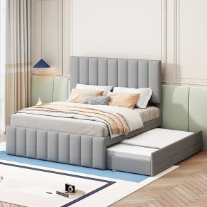 Gestoffeerd bed 140×200 cm, grijs katoen/linnen met uitschuifbed, 3 lades en verstelbaar hoofdbord Gestoffeerd bed 140×200 cm, grijs katoen/linnen met uitschuifbed, 3 lades en verstelbaar hoofdbord