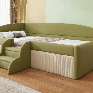Gestoffeerde slaapbank 90×190 cm – met 2 treden – met lattenbodem – Groen (matras niet inbegrepen) Gestoffeerde slaapbank 90×190 cm – met 2 treden – met lattenbodem – Groen (matras niet inbegrepen)