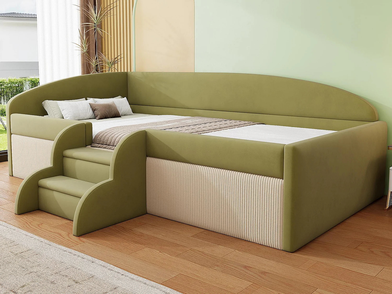Gestoffeerde slaapbank 90x190 cm - met 2 treden - met lattenbodem - Groen (matras niet inbegrepen)