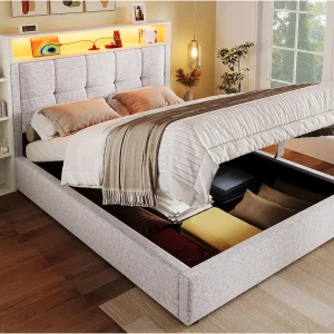 Gestoffeerd opbergbed 90×200 cm – met USB Type-C – LED-verlichting – linnen – beige (matras niet inbegrepen) Gestoffeerd opbergbed 90×200 cm – met USB Type-C – LED-verlichting – linnen – beige (matras niet inbegrepen)
