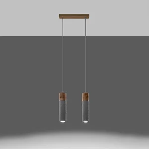 Hanglampen Avier industrieel van  – 2 lichtbronnen 3000K – L.30 x H.120 cm – grijs/natuurlijk hout