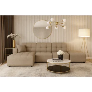 Hoekbank links met poef Bergamo B– stof Raven 30 beige, 341×166×70 cm