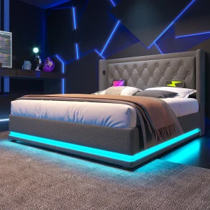 Gestoffeerd bed 160×200 cm van katoen, grijs, met opbergruimte, USB/Type-C en LED