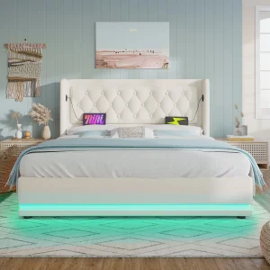 Gestoffeerd bed 140×200 cm met opbergruimte, wit PU, USB/Type-C en 3-zijdige LED, incl. matras Gestoffeerd bed 140×200 cm met opbergruimte, wit PU, USB/Type-C en 3-zijdige LED, incl. matras