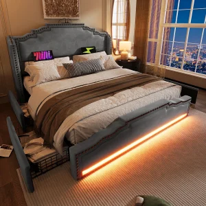 Gestoffeerd bed 160×200 cm van velvet in grijs, met 4 lades, LED en USB/Type-C